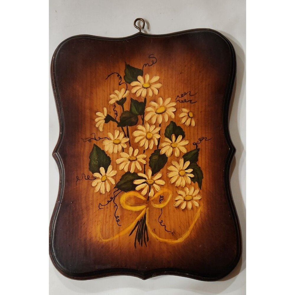 1970 Signed Vintage wood Plague with Yellow Flowers Cottage core
